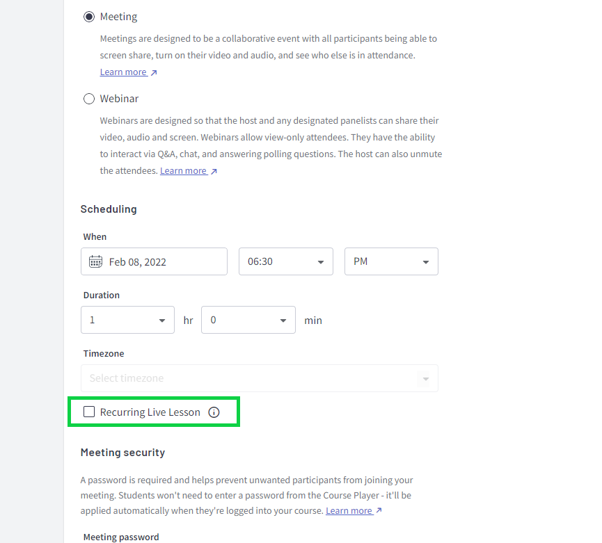 Recurring live session feature in Thinkific